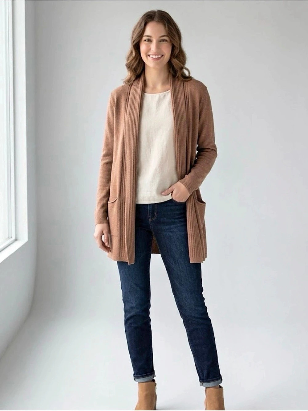 Laura Petites Brown Open Front Cardigan